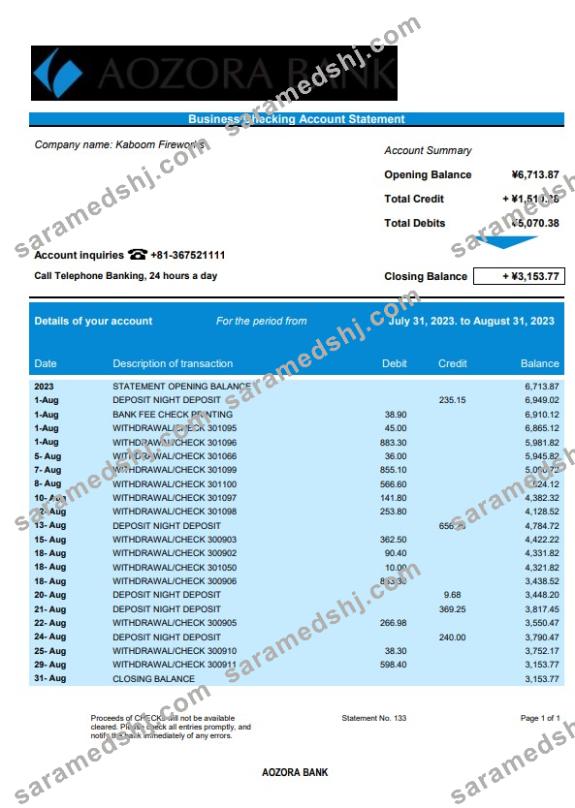 Aozora Bank organization checking account statement Word and PDF template